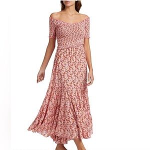 Poupette St Barth Soledad Off-The-Shoulder Smocked Midi-Dress Pink Size Large